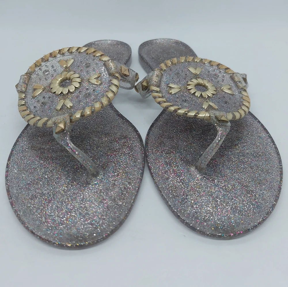 Jack Rogers Gold Flip Flop Sandals Metallic Jelly Sparkles Flat Slip On 8